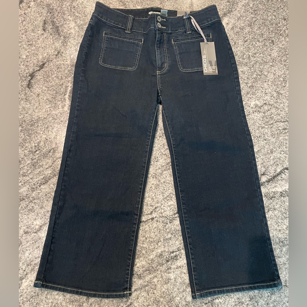 NWT, Chico's, Relaxed Fit, Dark Wash, 7/8 Length Capri, Blue Jeans Size 10